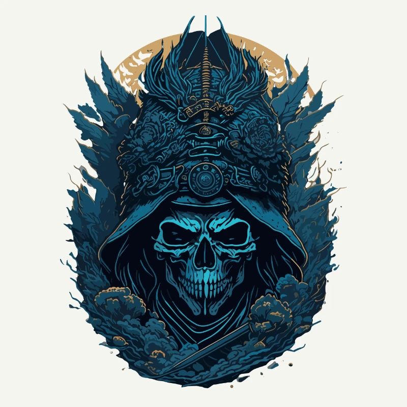crane squelette samouraï bleu - blue samurai skull