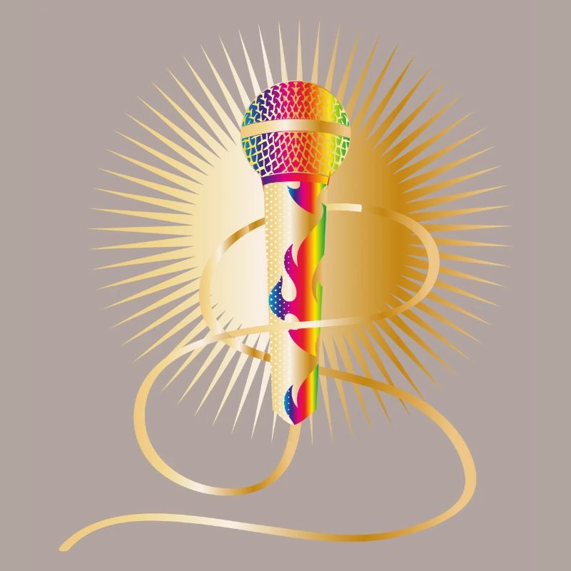 microphone doré avec éléments arc-en-ciel