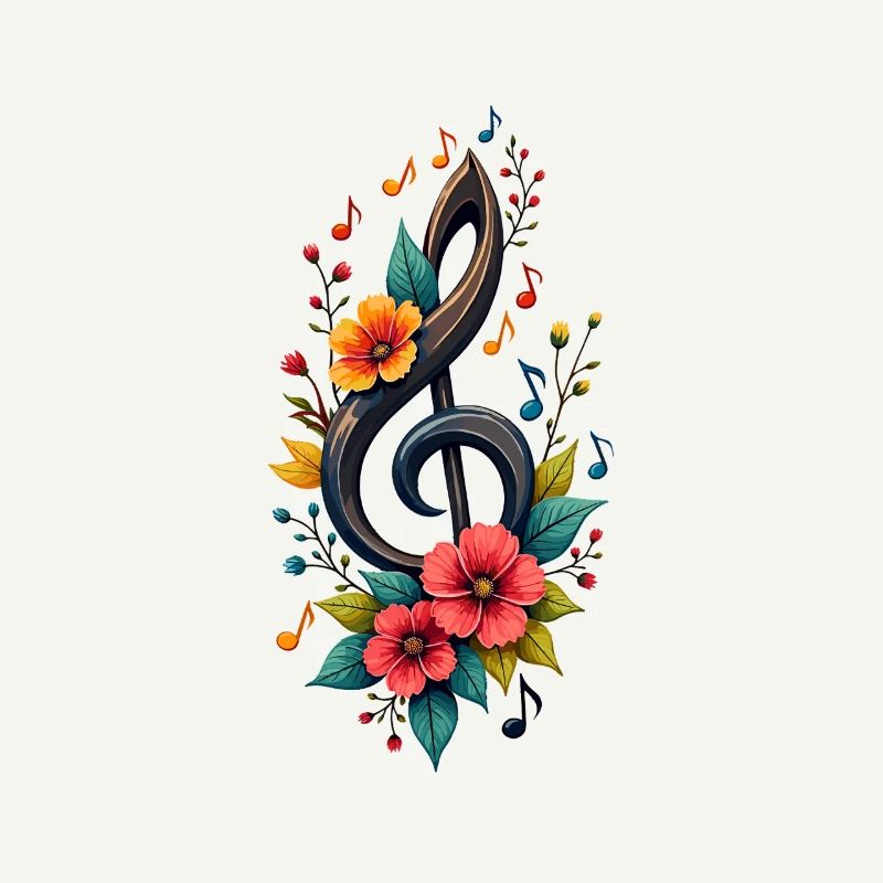 Clé de sol avec des notes colorées et des fleurs