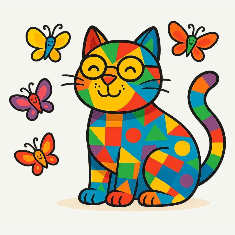 Patchwork Cat with Colorful Butterflies