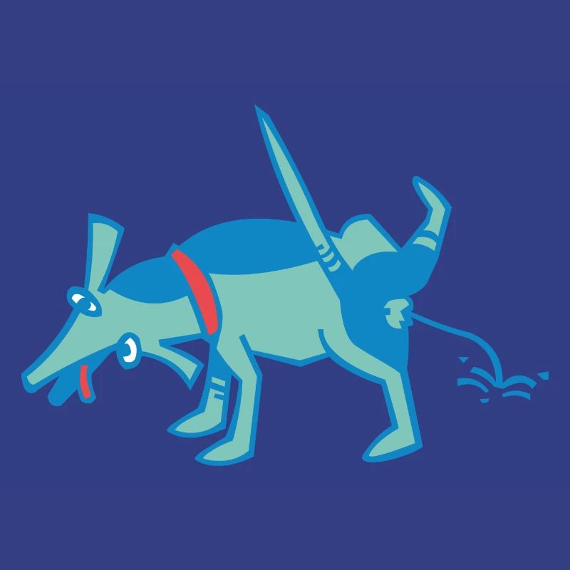 kleiner, blauer Hund pullert an eine Wand