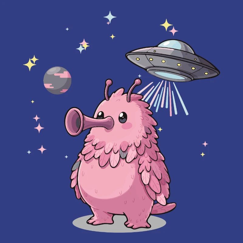 Cute pink alien with UFO in space