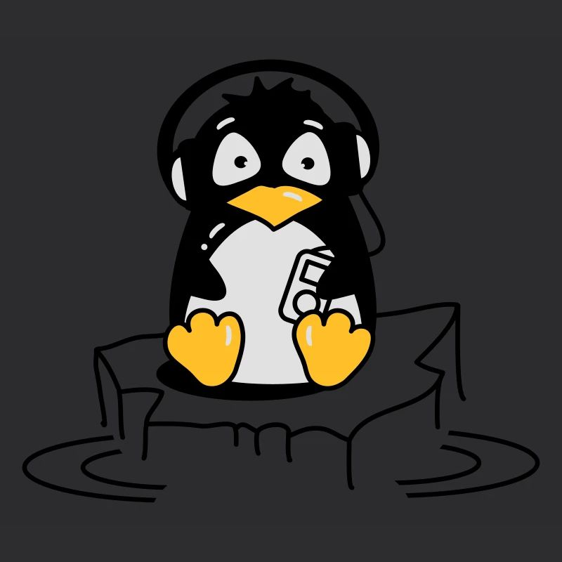 Cooler Pinguin mit Kopfhörern auf Eis