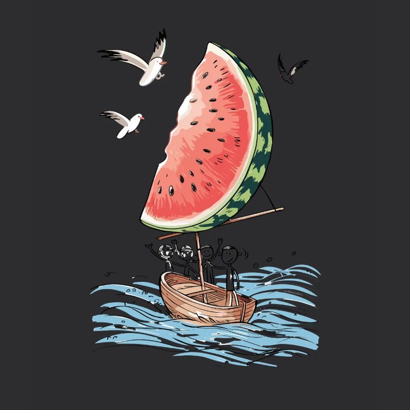 Bateau pastèque naviguant sur les vagues avec des mouettes