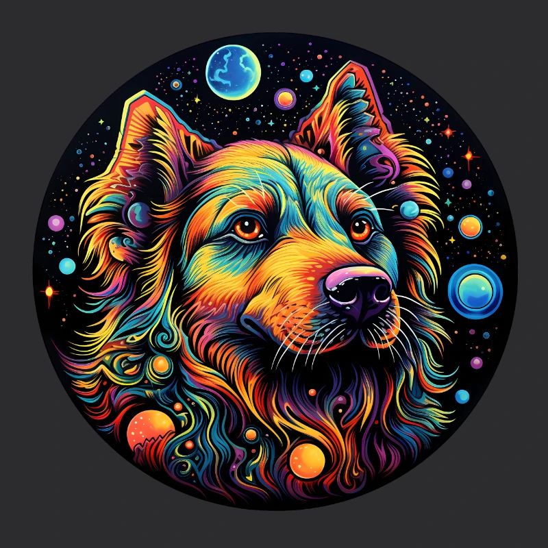 Chien de l’espace coloré avec des planètes
