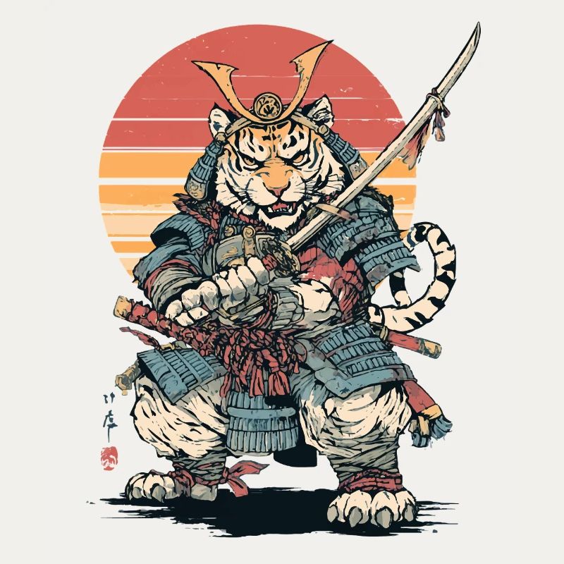 Tiger Samurai in Armor at Sunset