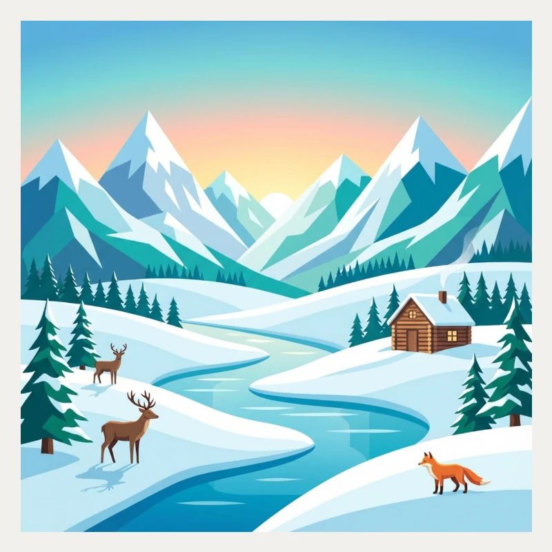Alpine winter scenery with deer & hut