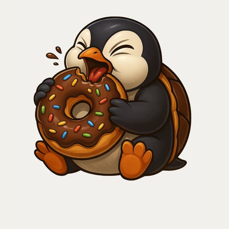 Cute Cartoon Penguin Donut Snacking Feeding