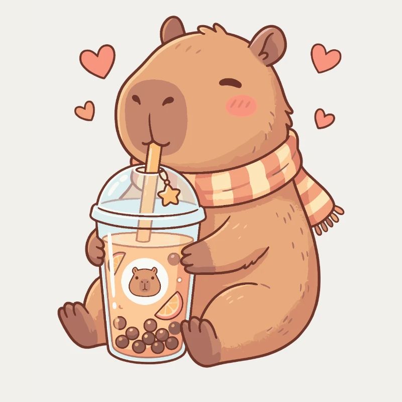 Cozy Kawaii Capybara Sips Boba Tea