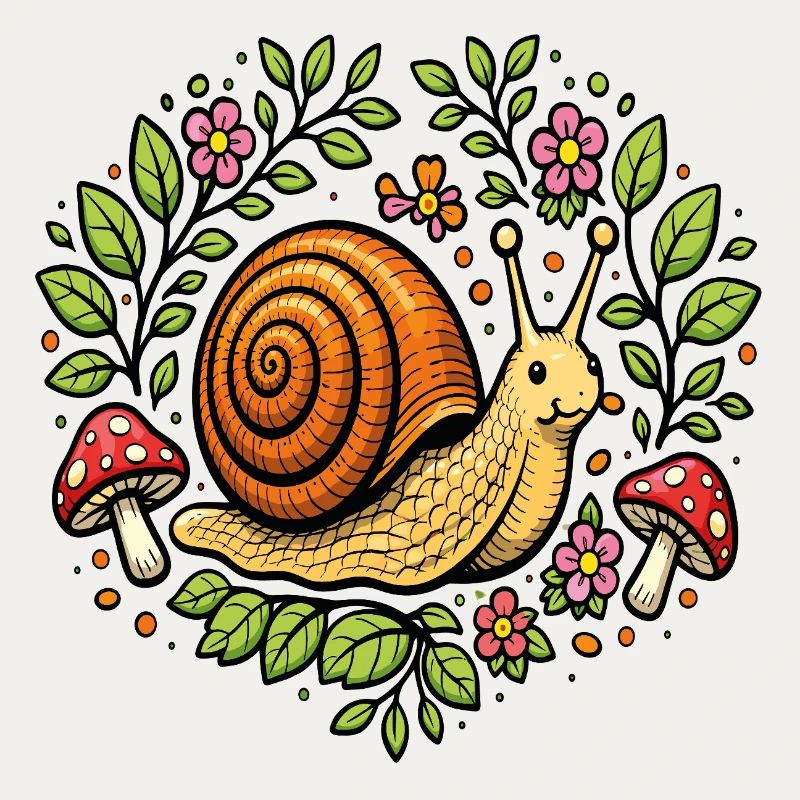 Escargot mignon fleurs et champignons