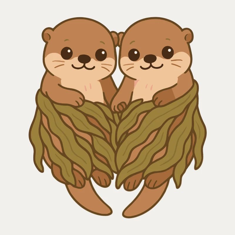 Couple de loutres de mer mignonne en couverture d’algues