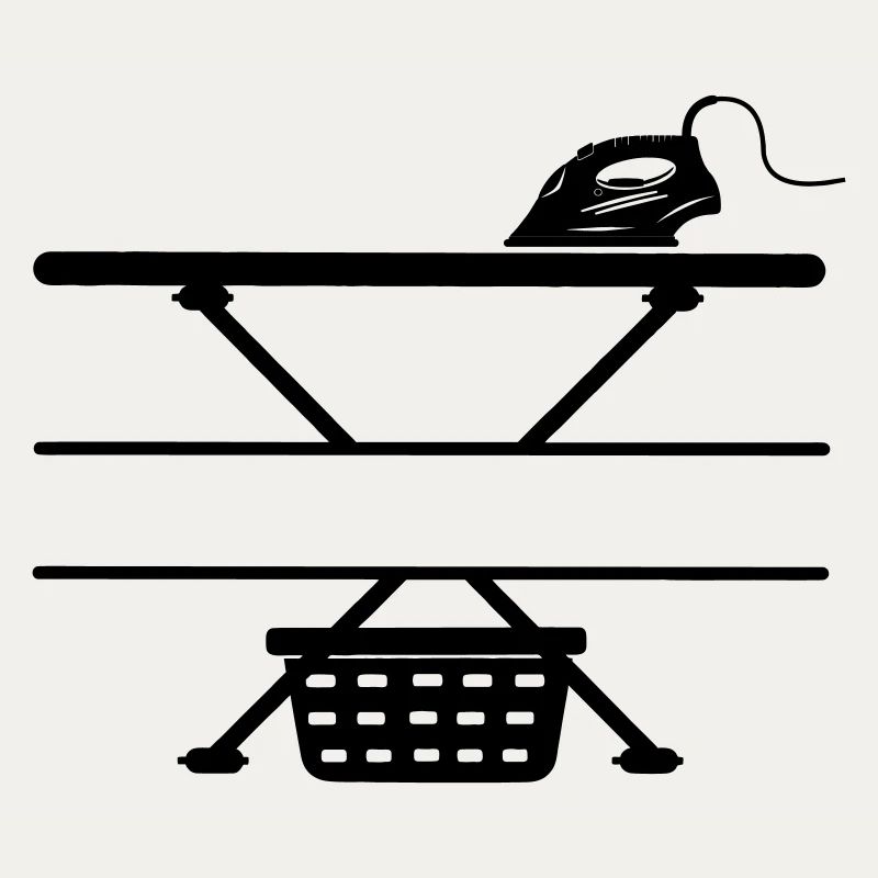 Iron, ironing board and laundry basket, text banner