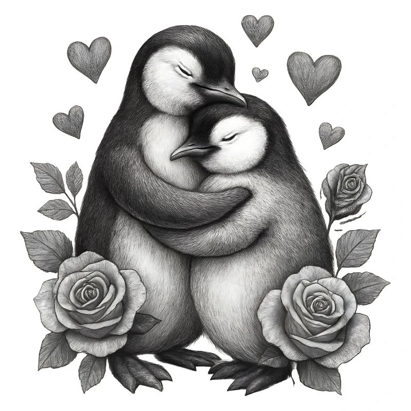 Umarmende Pinguine mit Rosen