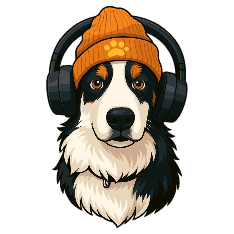 Cooler Australian Shepherd mit Mütze und Kopfhörer