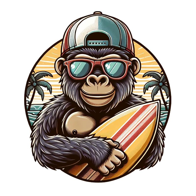Gorille avec Basecap et lunettes de soleil et planche de surf