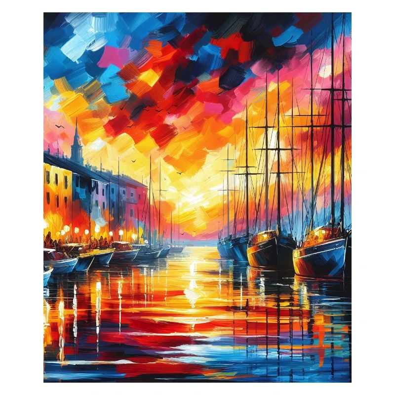 Lebendiger Hafensonnenuntergang mit Booten und Farben