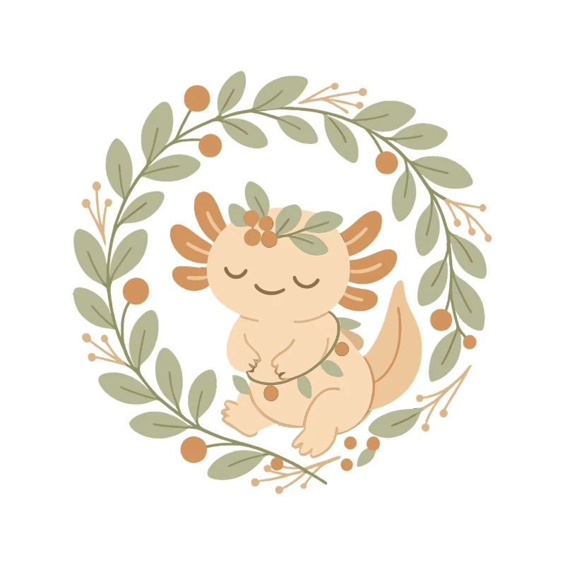Axolotl dans une couronne de feuilles – Style Boho Cosy