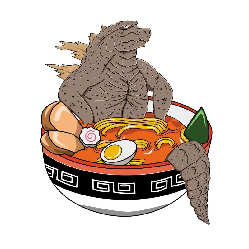 Epic Ramen Monster Bowl Rock Dinosaur Design Tee