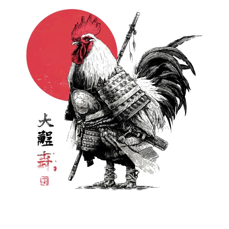 Samurai Rooster in Armor Under Red Sun