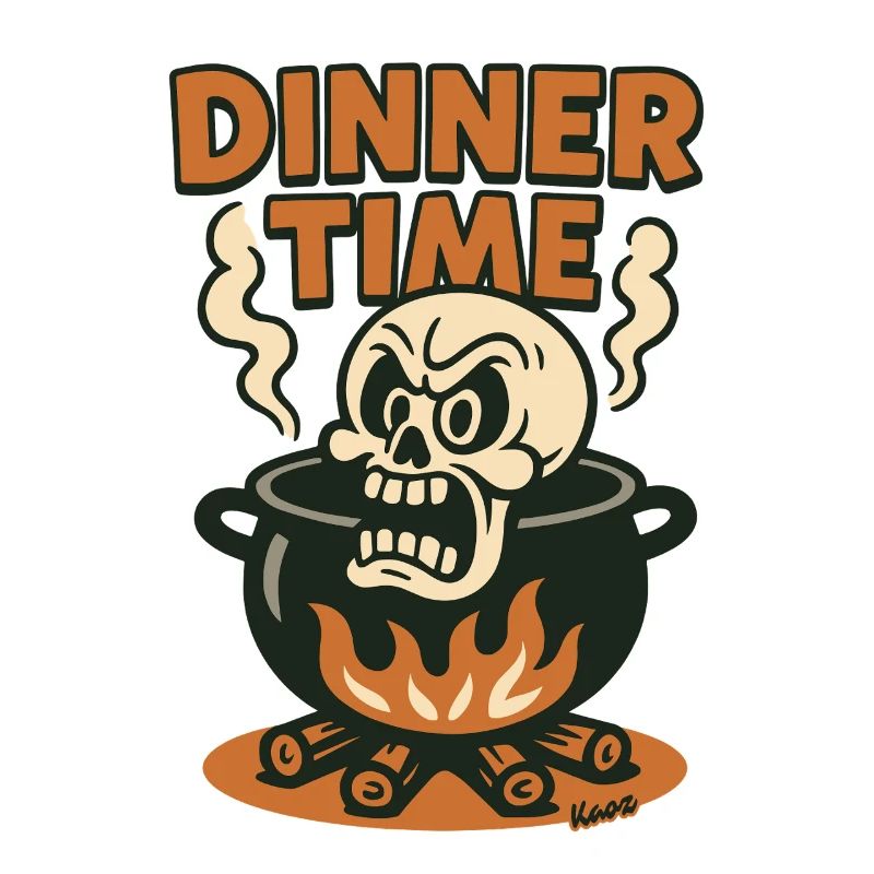 Angry skull in cooking pot for dinner