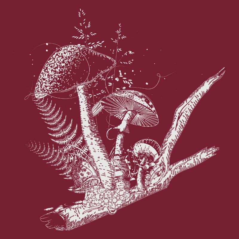 composition dessinée champignons forestiers, graminées et branches