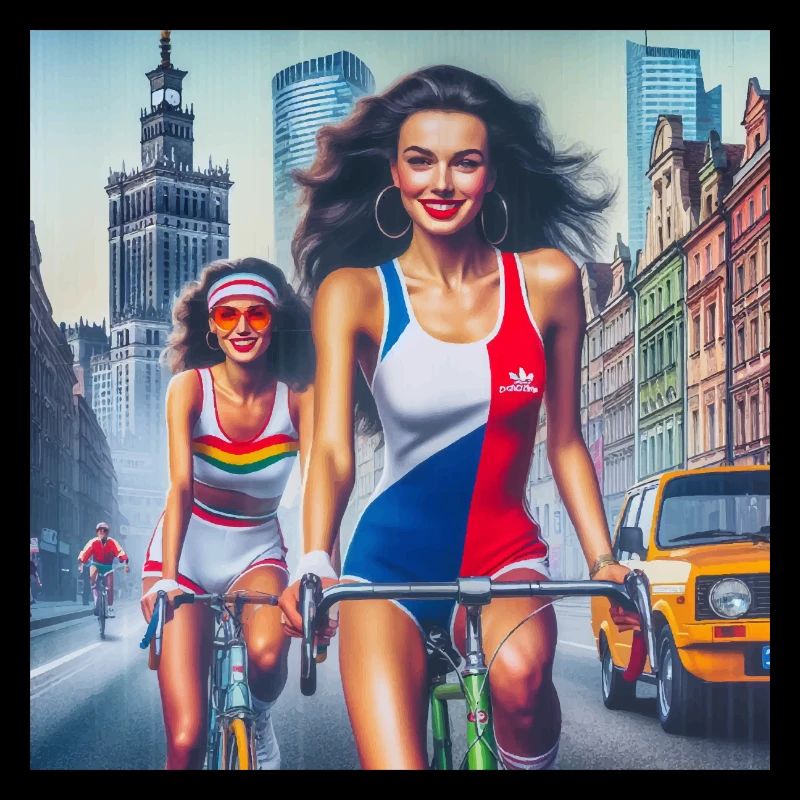 Deux filles faisant du vélo dans le style rétro de Varsovie - années 80