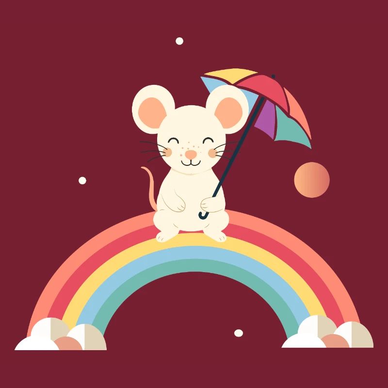 Souris joyeuse avec parapluie sur l’arc-en-ciel