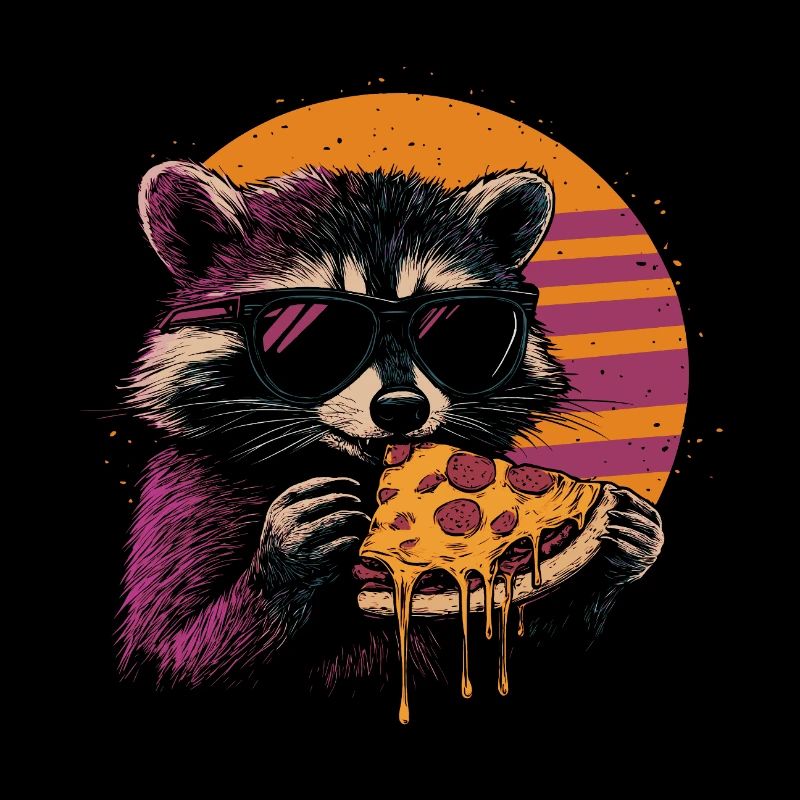 Waschbär mit Sonnenbrille isst Pizza
