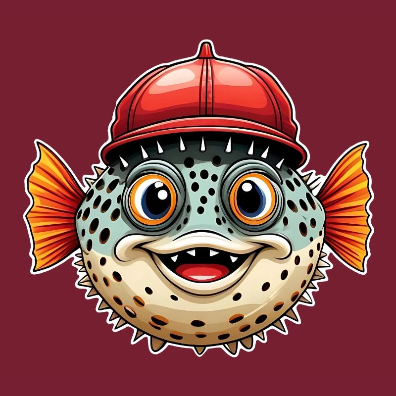 Funny puffer fish with red baseball cap