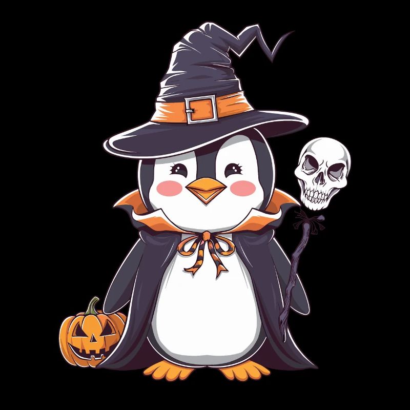 Pingouin Halloween Sorcier avec citrouille et