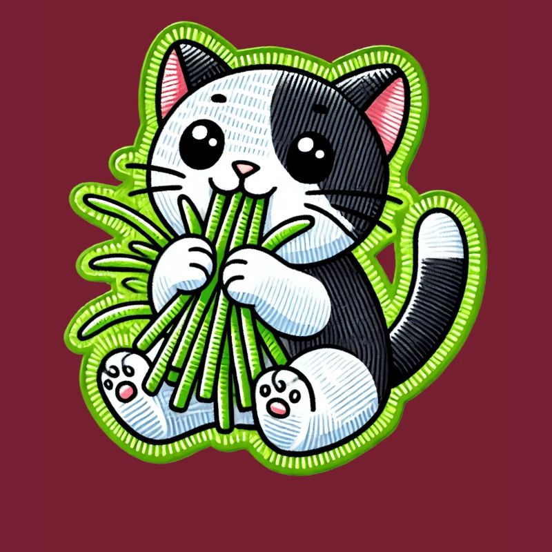 Mignon chat noir et blanc mangeant de l’herbe verte