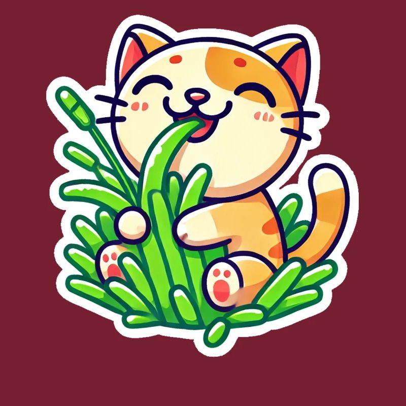 Chat roux mignon mangeant de l’herbe verte