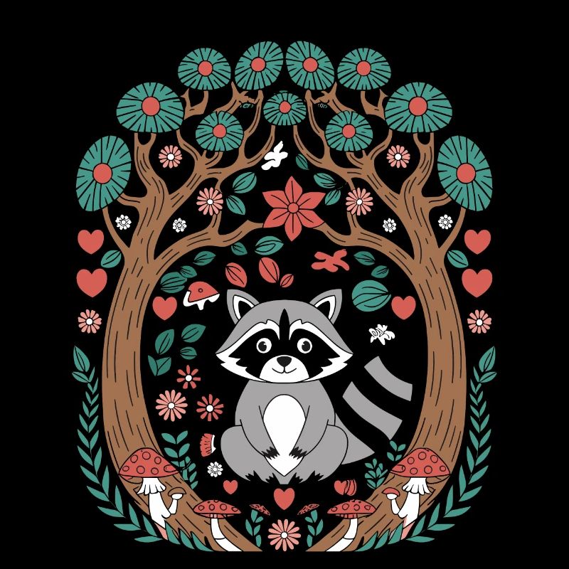 Cottagecore raccoon in the enchanted forest between trees