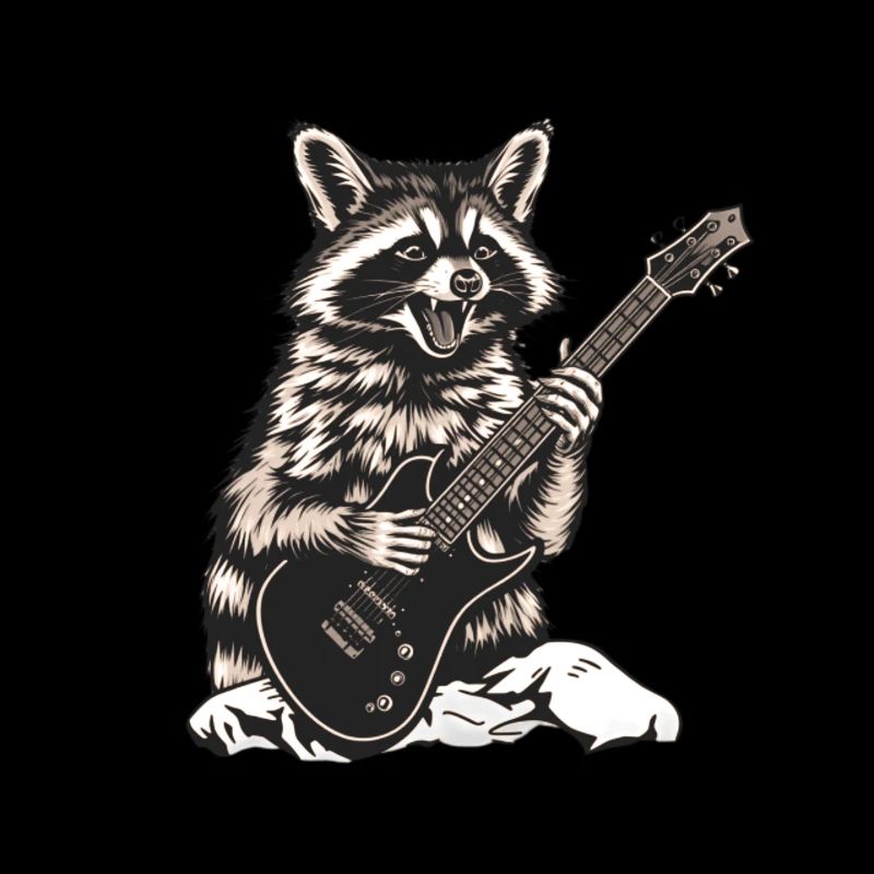 Waschbär der auf einer E-Gitarre abrockt