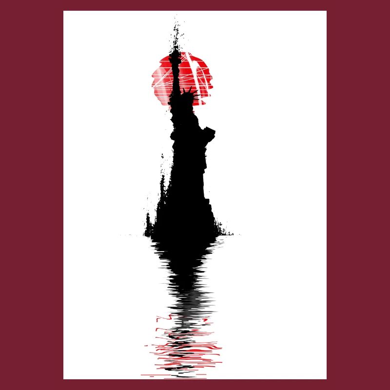 Liberty silhouette, red sun reflection