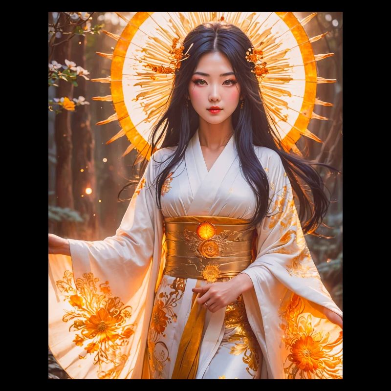 Amaterasu Radiant sun goddess in white kimono with