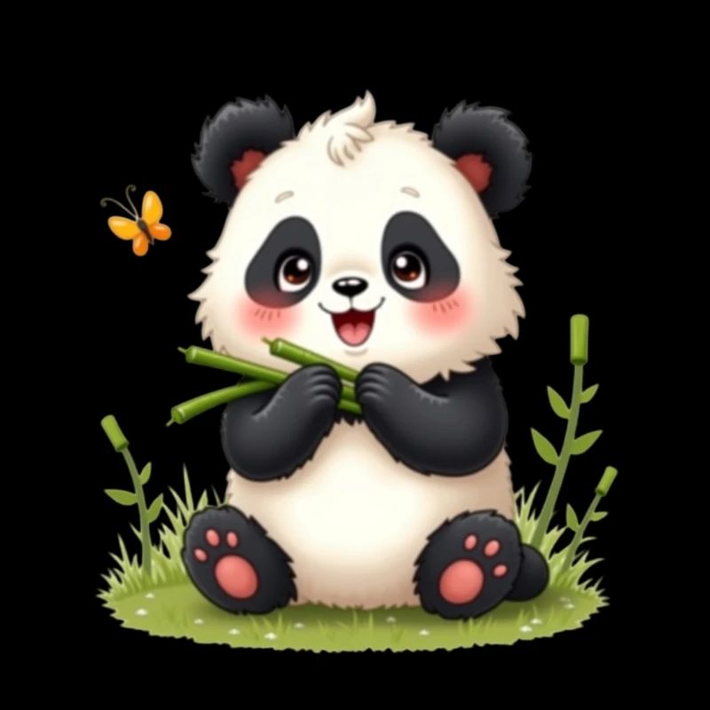 Mignon panda de dessin animé avec bambou et papillon