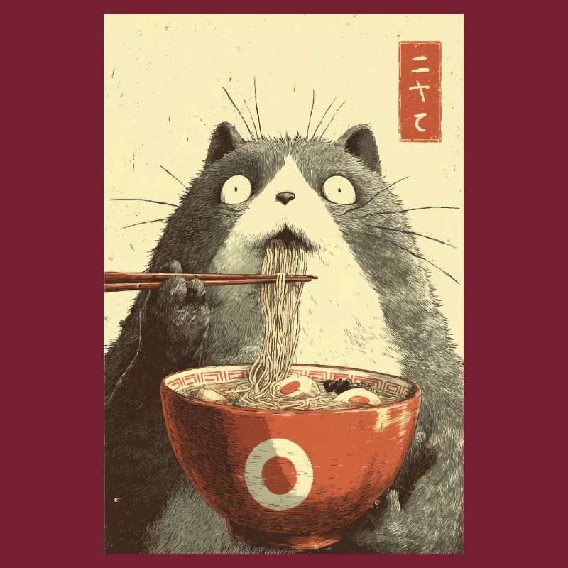 Chat choqué mangeant des ramen