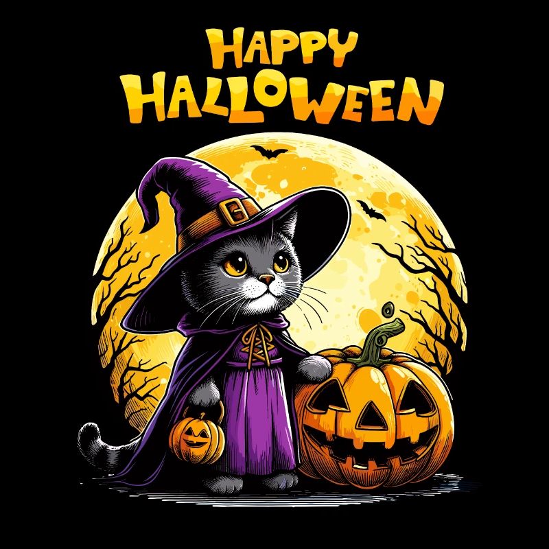 Joyeux Halloween Chat Sorcière Citrouille Mignon Enfants