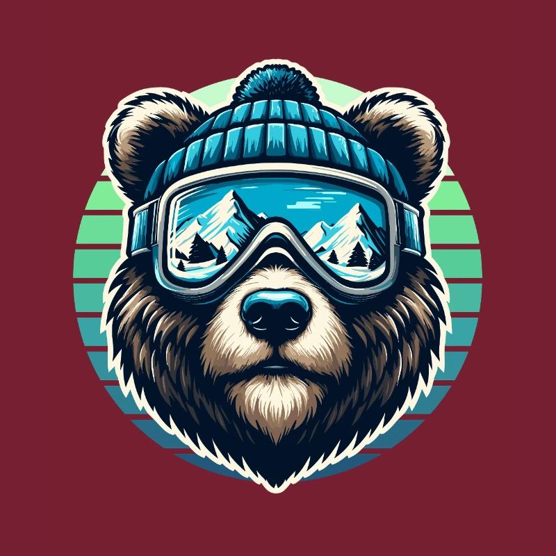 Funny bear with ski goggles and ski cap loves skiing