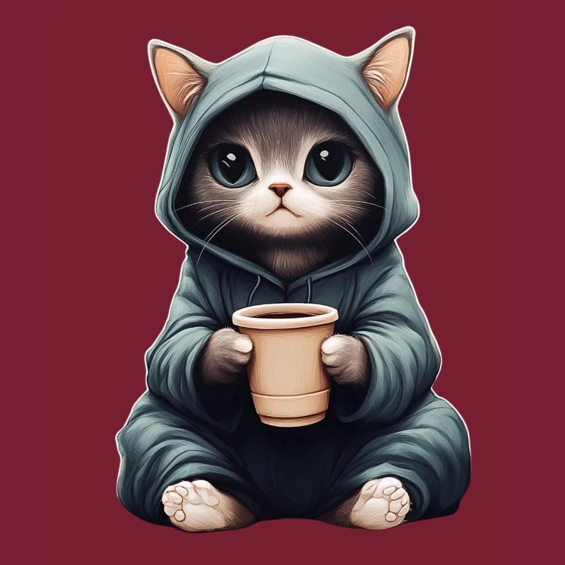 Mignon : Chat dans un sweat à capuche avec du café