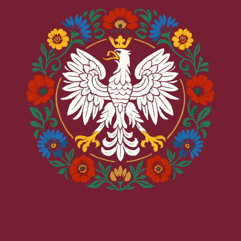 Polish Eagle Folk Emblem with Flowers