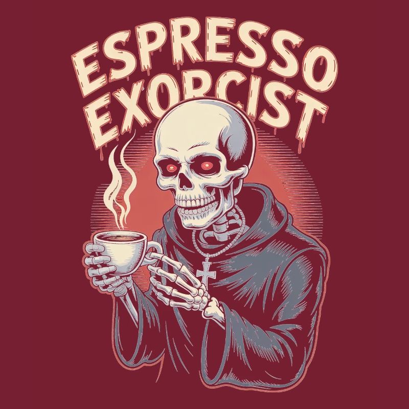 Espresso exorciste squelette sirotant du café design