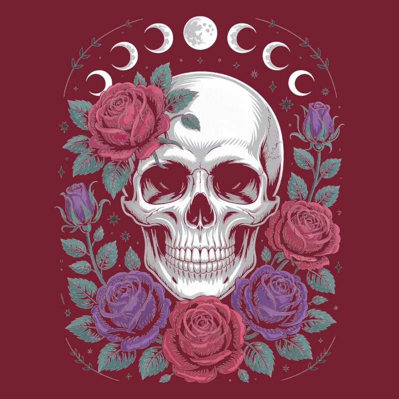 Crâne gothique avec phases de lune et motifs de roses