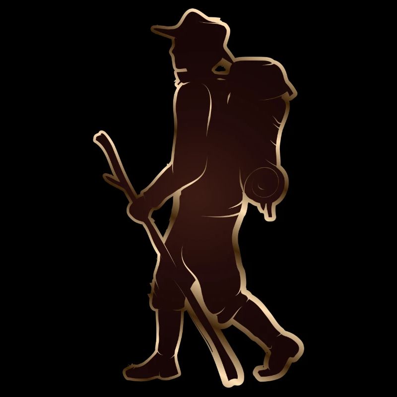 Pilgrim or hiker with walking stick & backpack