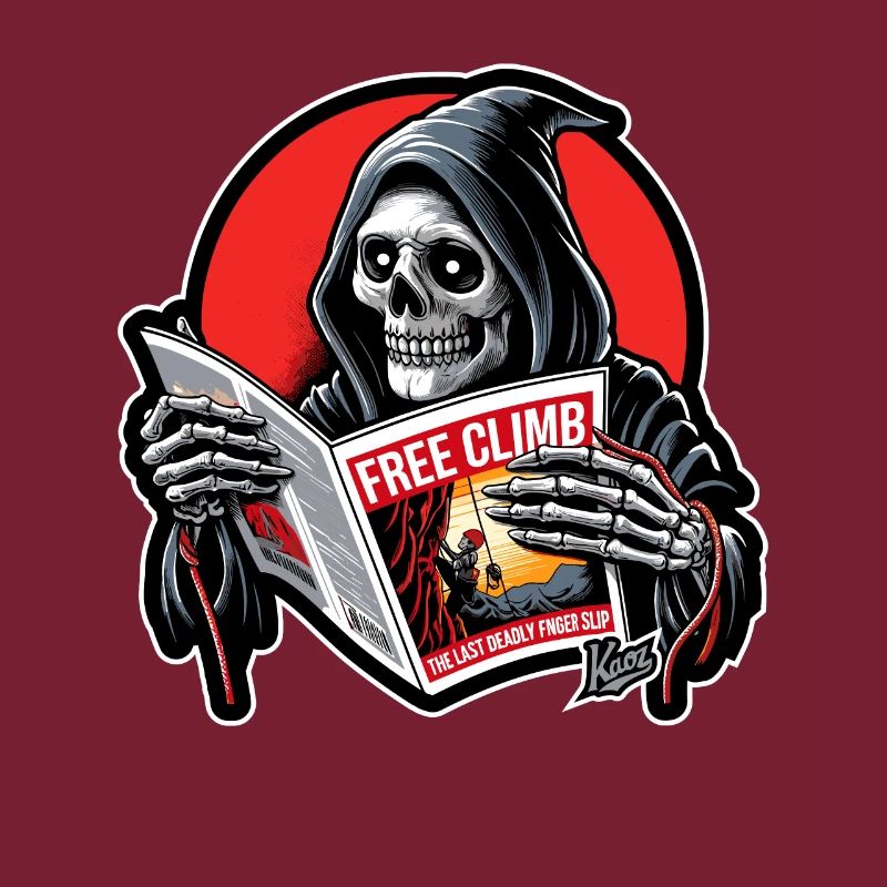 Grim Reaper lit un livret sur l’escalade