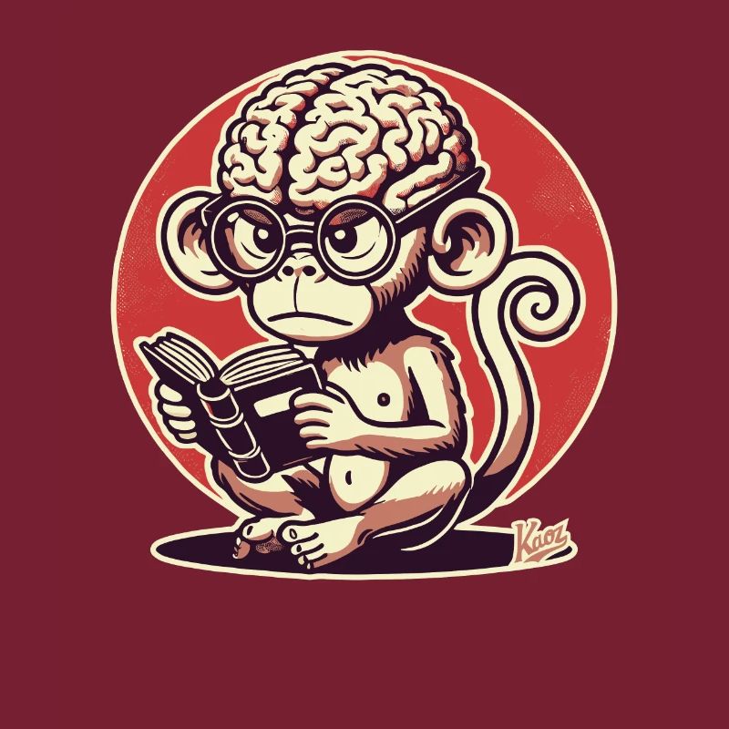 Nerd-Affe mit großem Geirn liest ein Buch