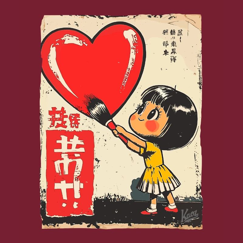 Petite fille peignant coeur sur le mur