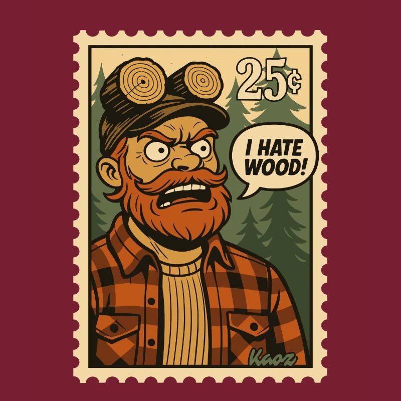 Wütender Holzfäller mit Spruch: „Ich hasse Holz!“