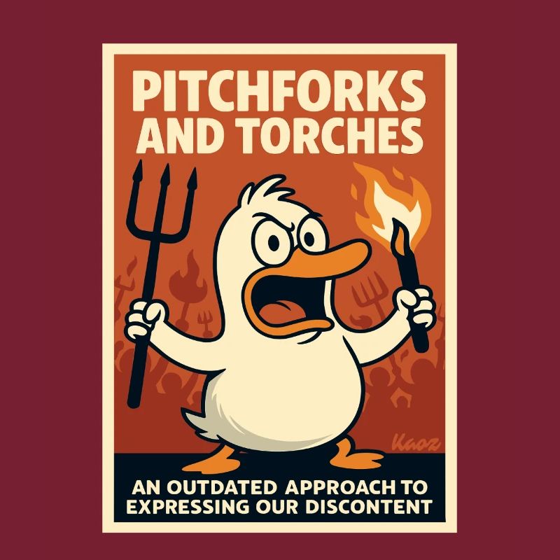Angry duck with torch and pitchfork